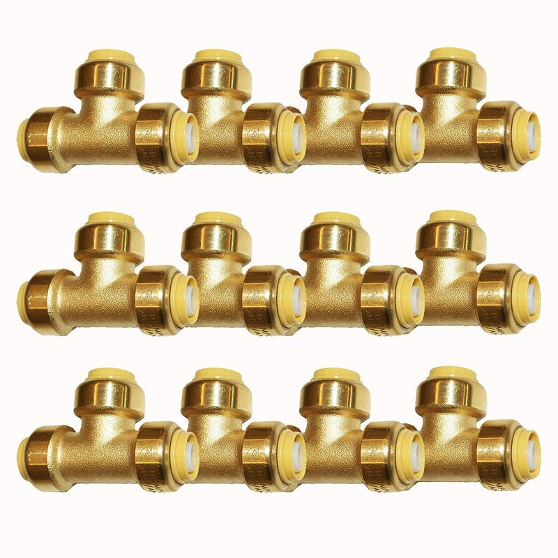 HQMPC Push Copper Fitting 1/2' Pex Fitting 12 Pcs Pex Tee Push Fit Plumbing Tee, Push-to-Connect Plumbing Fittings, Brass Pipe Connector T Fittings for Copper, PEX, CPVC, No Pb (12, 1/2 Inch) - Image 1